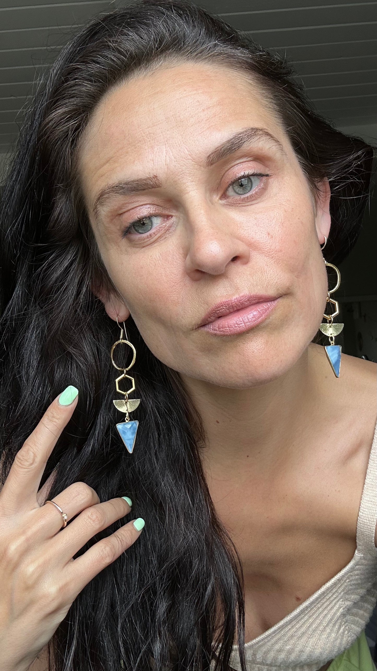 Alice earring blue opal gemstone hexagon