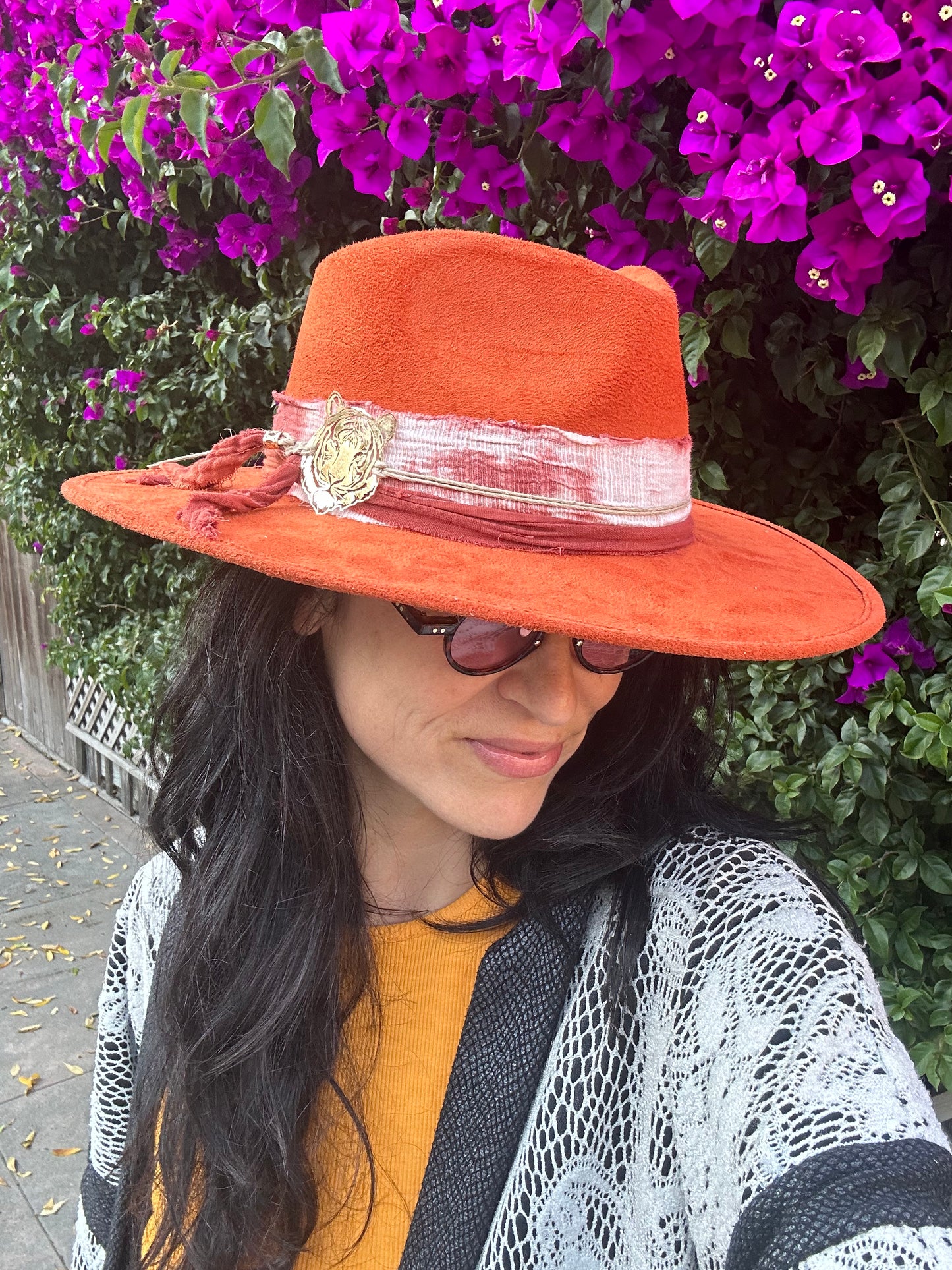 Unisex wide brim Fedora hat with designer hatband/ MEDIUM