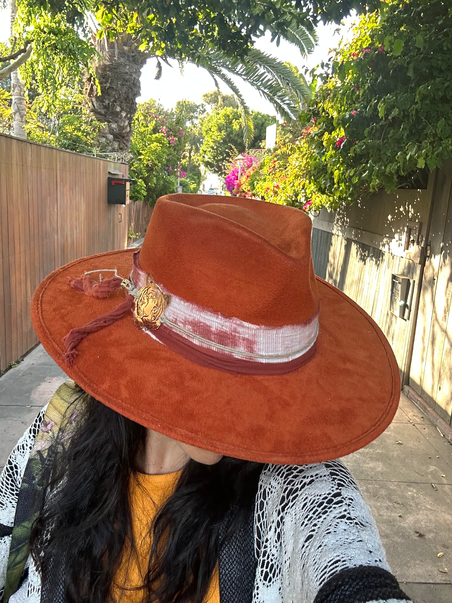 Unisex wide brim Fedora hat with designer hatband/ MEDIUM