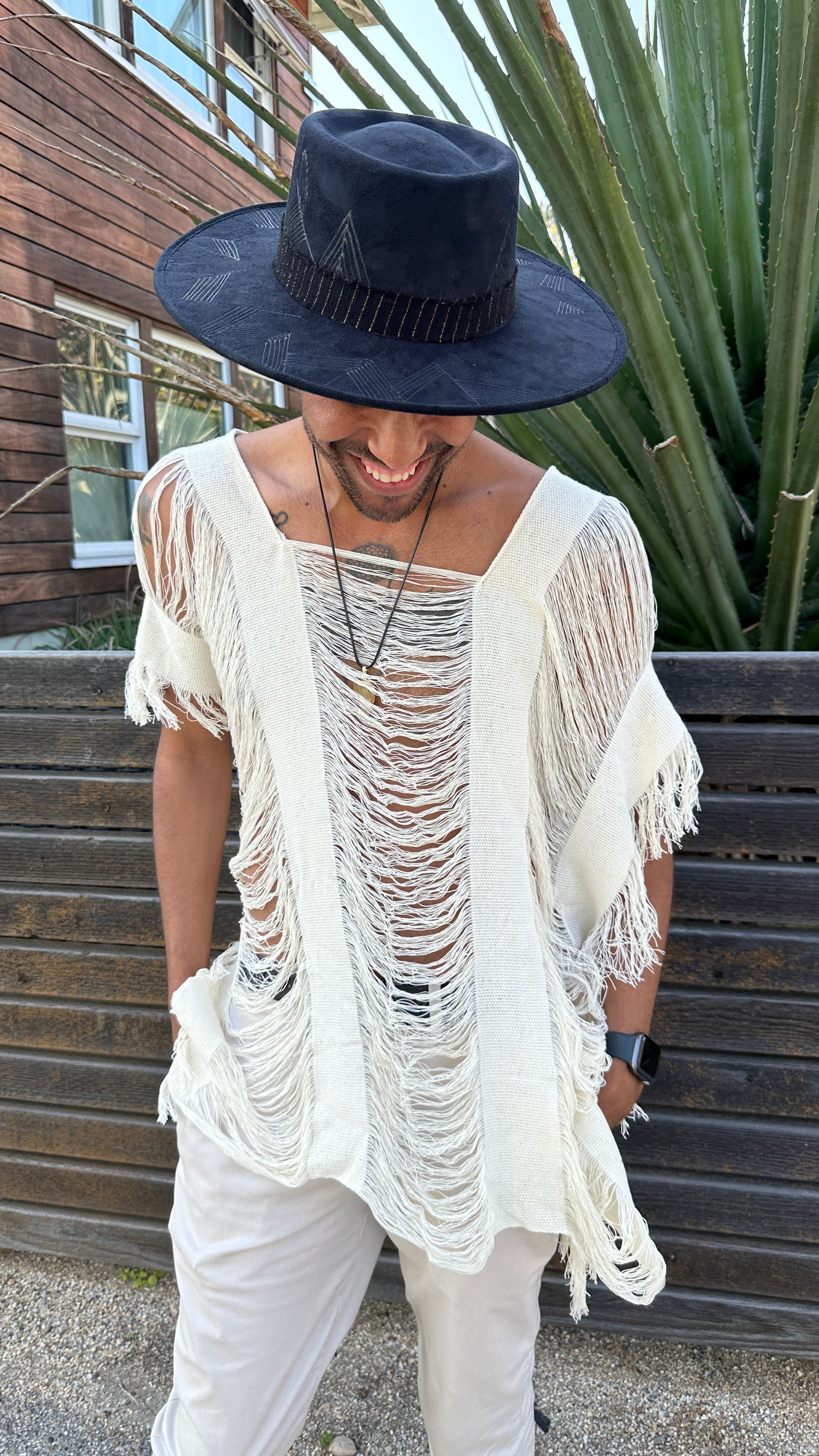 Cotton fringe unisex top, hand woven, unbleached cotton, one size