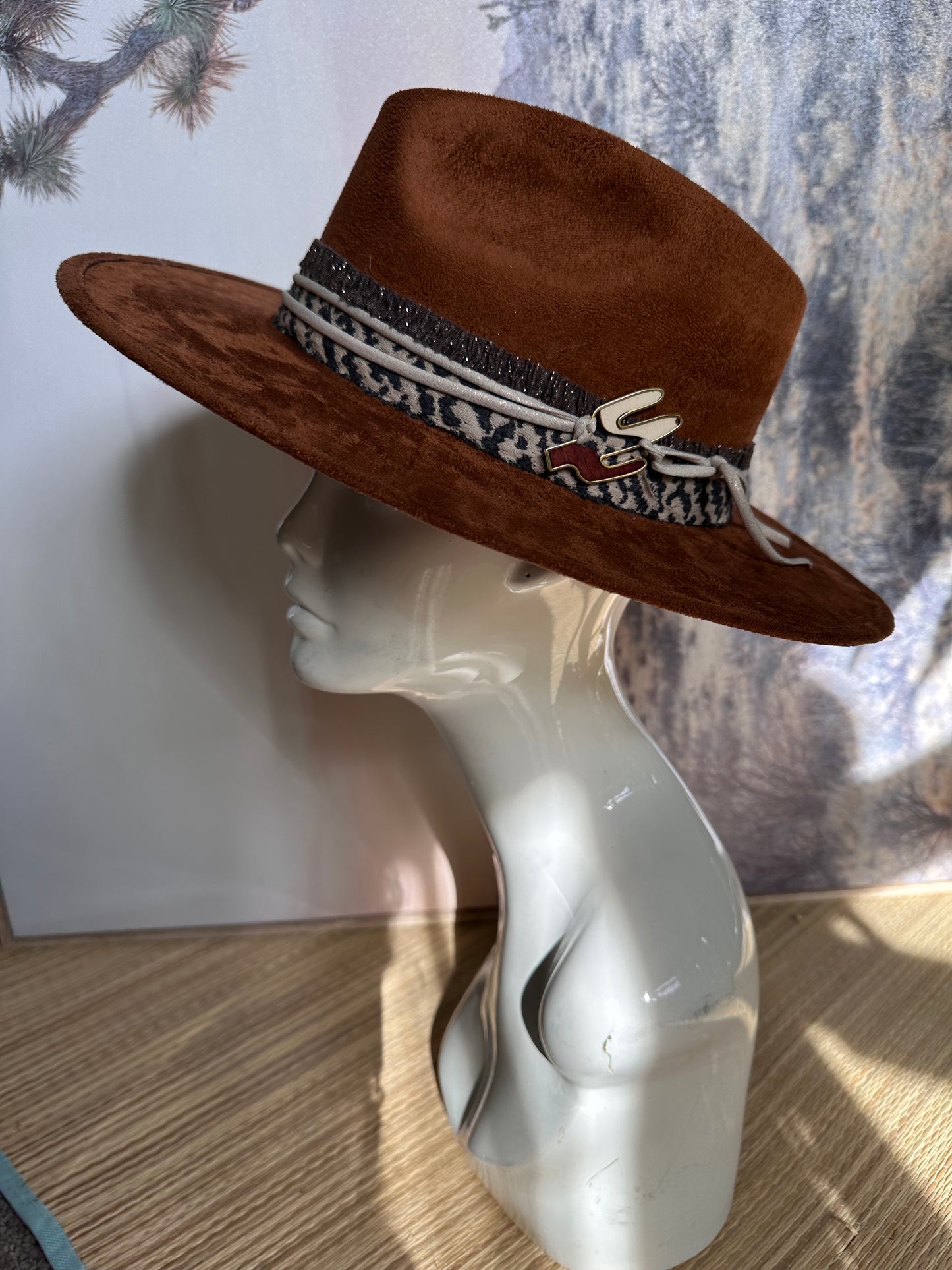 Unisex wide brim Fedora hat with designer hatband/ MEDIUM